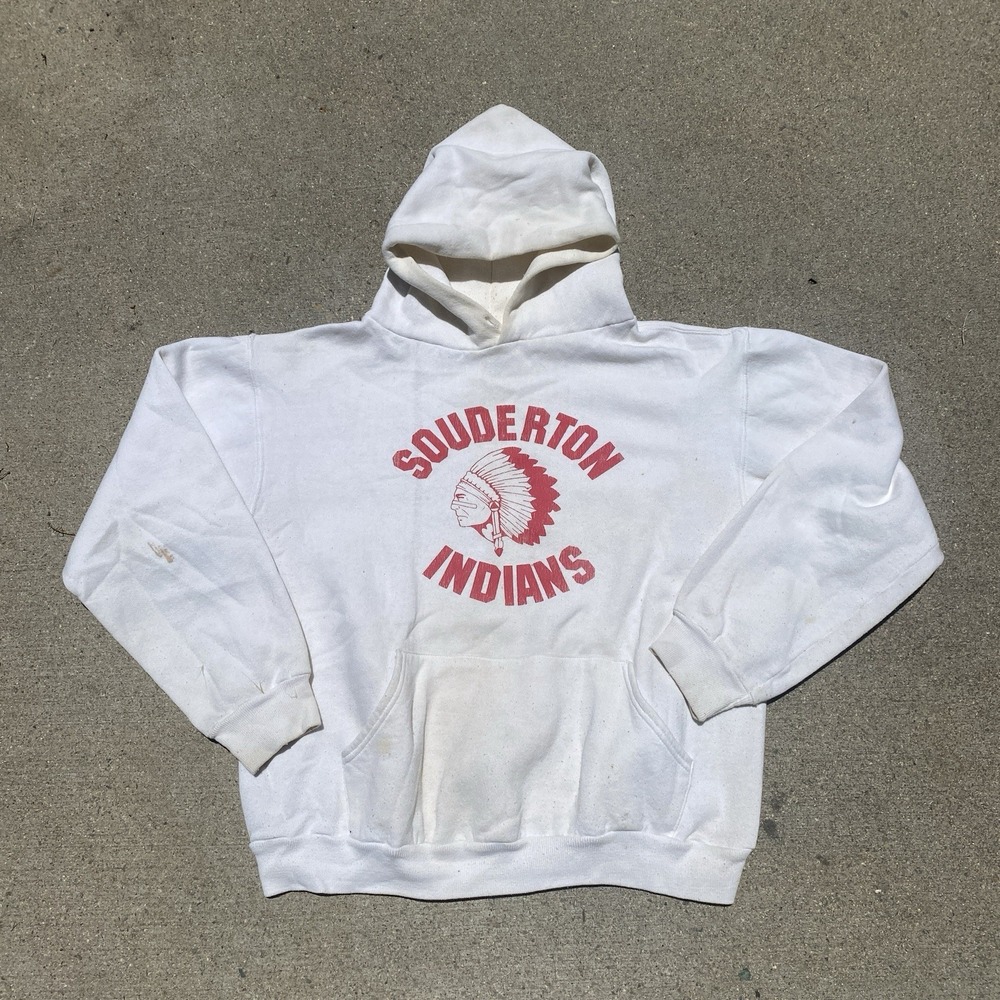 VINTAGE 80S 90S SOUDERTON INDIANS HOODIE CHIEF HEAD RUSSELL M WHITE